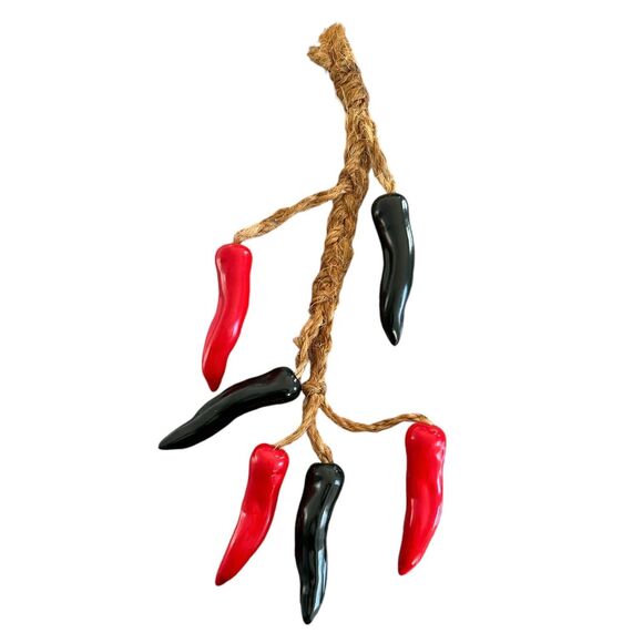 Ceramic Red And Black Chili Peppers Wall Hanging On A Rope - Picture 1 of 4